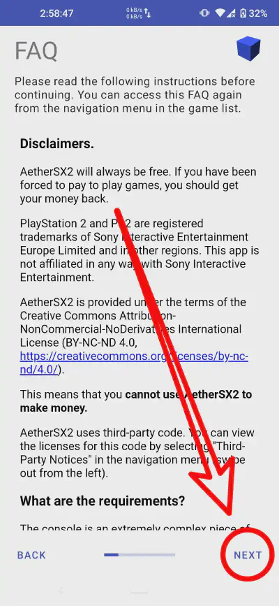 AetherSX2 FAQ screen